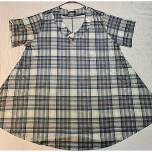 Monnuro Women's Short Sleeved Top Tunic V-Neck Stretch Blue Plaid Buttons 5X NEW
